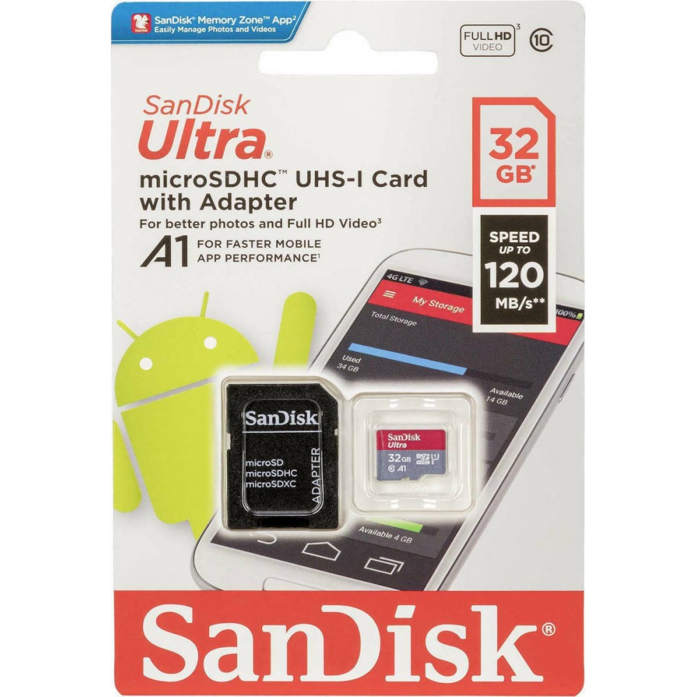 Sandisk Ultra microSDHC 32GB Class 10 U1 A1 UHS-I με αντάπτορα